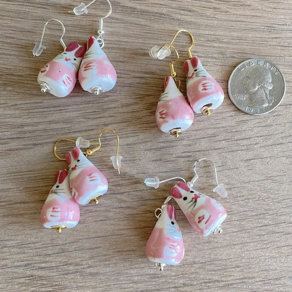 HAND CRAFTED EASTER BUNNY EARRINGS Ceramic Pink White Silver Gold Whimsical Fun